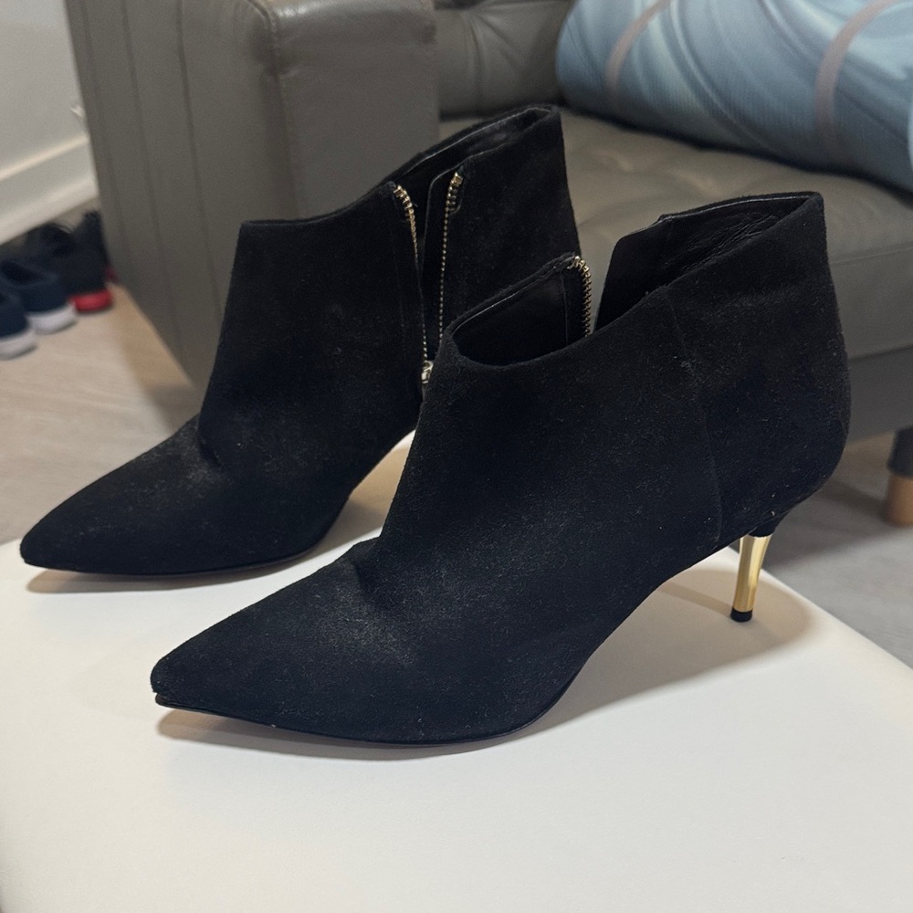 Brian Atwood Black Heeled Boots with Gold Accent